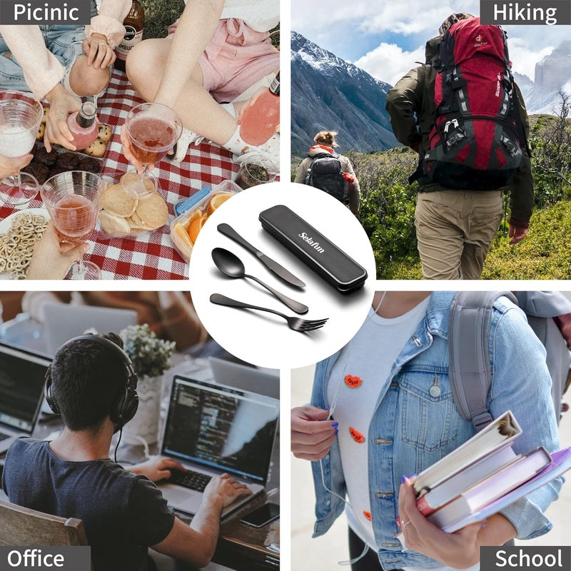 Selafun 4-pieces Travel Set with Case Portable Silverware Utensils Set for work, Stainless Steel Reusable Flatware Set Cutlery Set for Camping Picnic Hiking Office (8inch, Matte Black) - Image 5